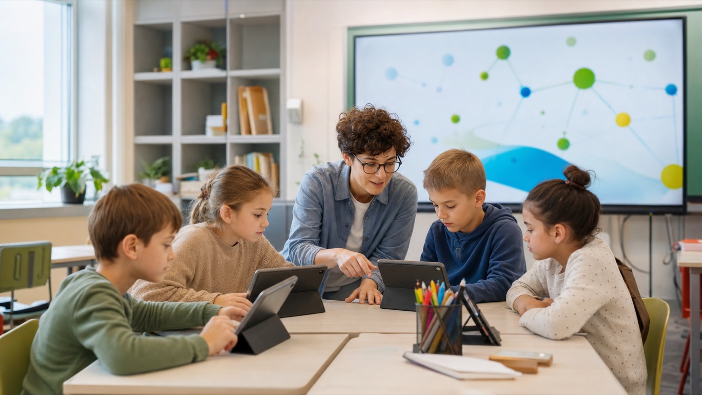 Adulte bienveillant accompagnant des élèves de primaire avec des tablettes en classe.